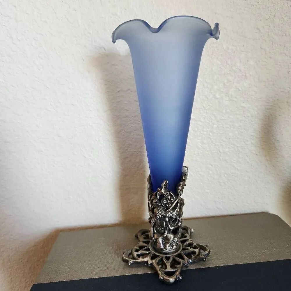 Victorian fluted vintage blue trumpet glass vase silver angel fairy base